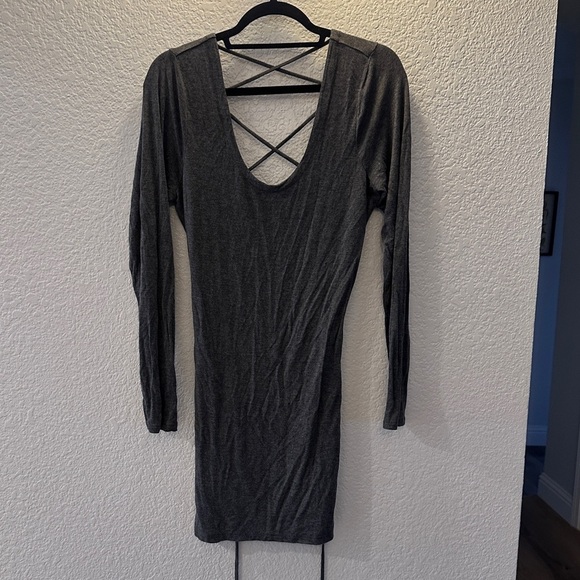 Chaser Gray Crisscross Back Long Sleeve Bodycon Mini Dress Soft Stretch Large - Picture 2 of 7